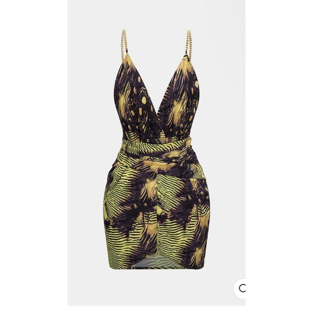 Micas Tropical Print Metallic Chain Mini Dress Size Medium